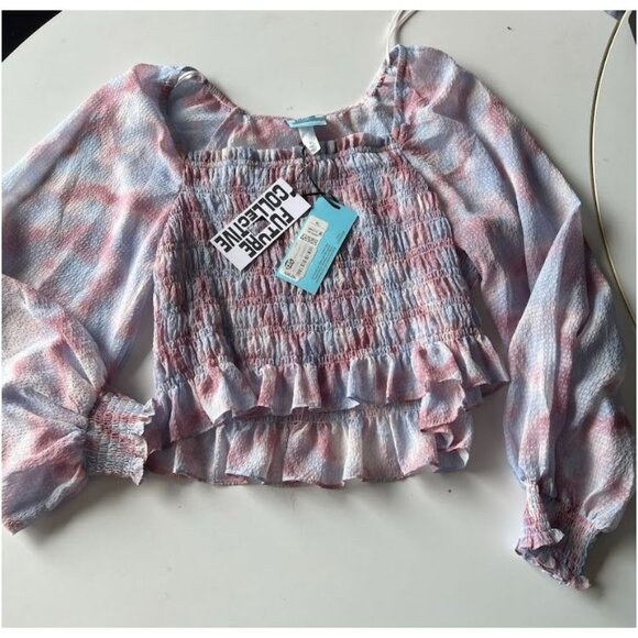 Future Collective Women's Watercolor Long Sleeve Smocked Top Purple Size XL - Picture 2 of 4